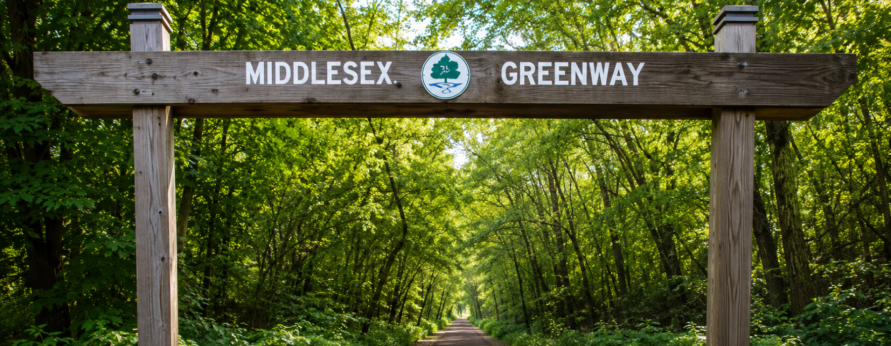 Gate to Middlesex Greenway showing a trail and greenery