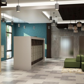 mail center with a resident kitchen area