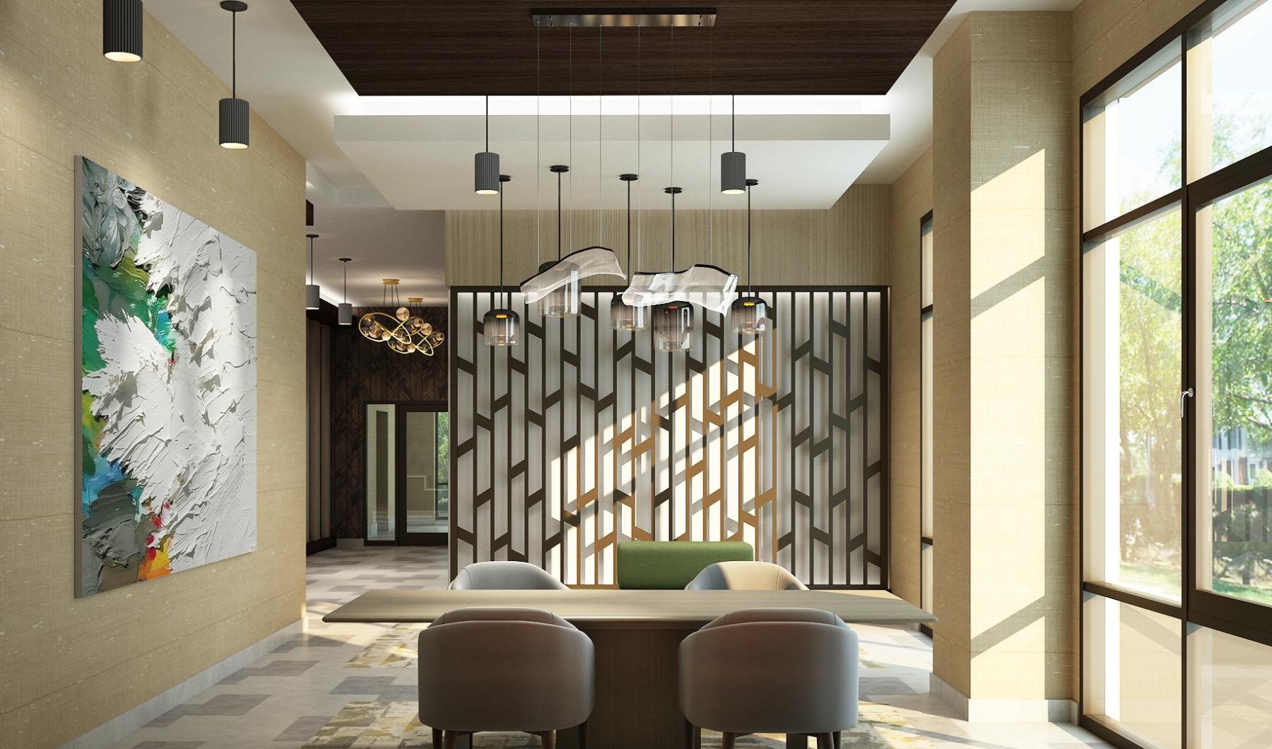 a room with a table and chairs