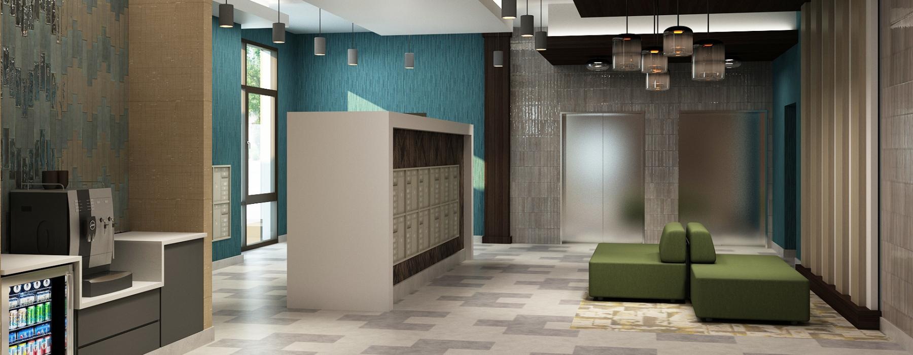 mail center with a resident kitchen area