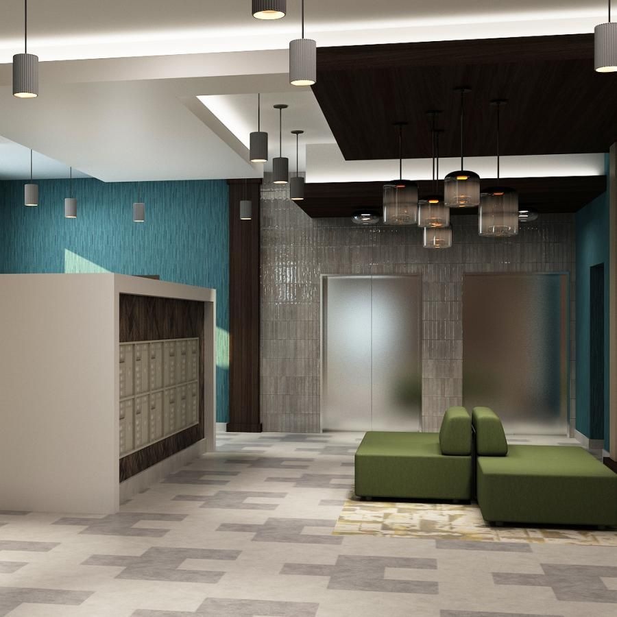 a mail room with a green couch