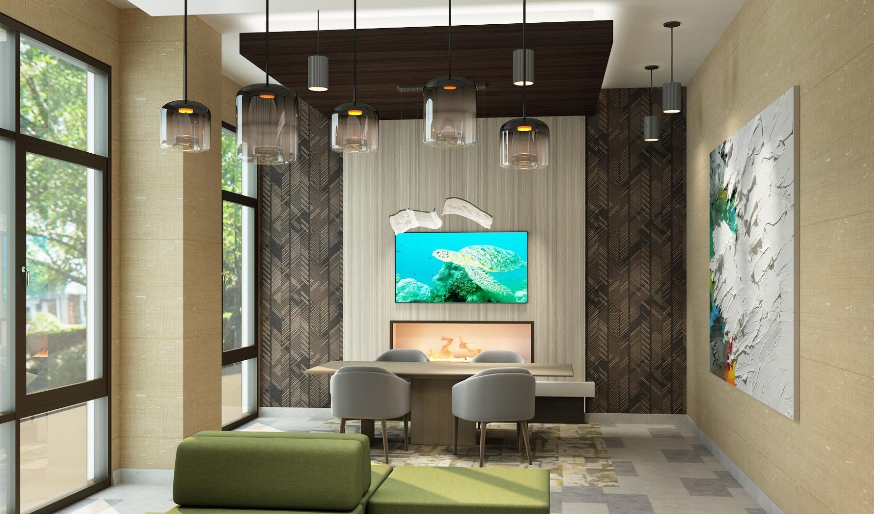 a room with a tv, table and chairs